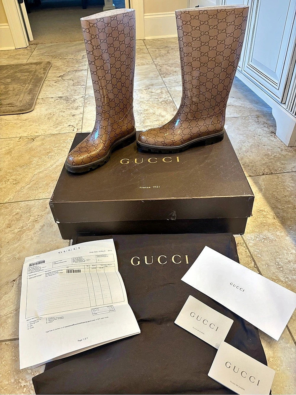 Gucci GG Supreme Knee-High Rain Boots Brown